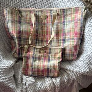 Coach Multicolor Plaid Tote Bag with Matching Pouch
